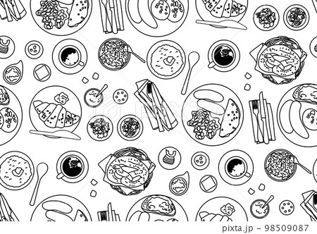 European food seamless pattern top view plates dishes table black and white 98509087