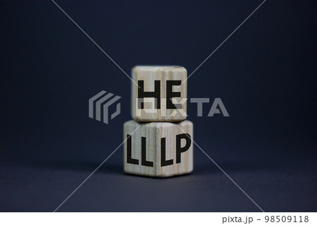 Hell or help symbol. Turned a wooden cube and changed the word 'hell' to 'help'. Beautiful grey table, grey background, copy space. Business, psychology and hell or help concept. Hell or help symbol. Turned a wooden cube and changed the word 'hell' to 'help'. Beautiful grey table, grey background, copy space. Business, psychology and hell or help concept. 98509118