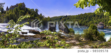Rheinfall (Rhine Falls) aerial view - biggest waterfall in Europe in Schaffhausen ,Switzerland 98509578