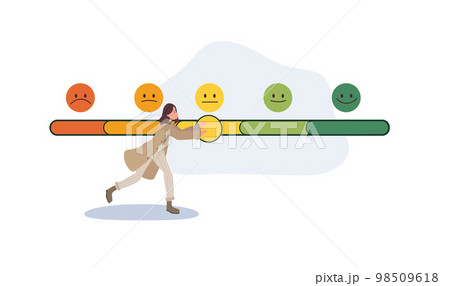 Rating satisfaction concept. woman is giving Feedback in form of emotions. Flat vector illustration 98509618