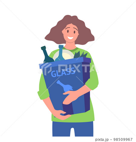 Cartoon Color Character Girl Holding Trash Bin with Glass Recycling Waste Concept Flat Design Style. Vector illustration 98509967