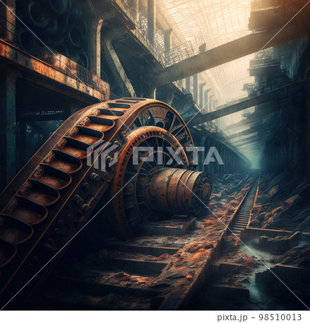 Abandoned industrial interior with old rusty machines. Creepy and dirty technology background. Generative AI illustration. 98510013
