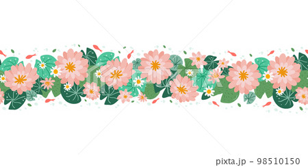 Lotus flower, leaves, koi fish horizontal seamless border. Asian water lily floral endless banner vector illustration 98510150