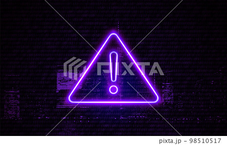 Attention Danger Hacking. Neon Symbol on Purple Big City Background. Security protection, Malware, Hack Attack, Data Breach Concept. System hacked error, Attacker alert sign computer virus. Ransomware Attention Danger Hacking. Neon Symbol on Purple Big City Background. Security protection, Malware, Hack Attack, Data Breach Concept. System hacked error, Attacker alert sign computer virus. Ransomware 98510517