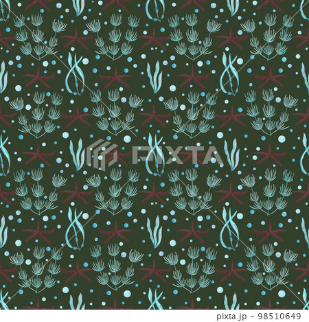 Watercolor underwater seamless pattern of seaweeds, seafishes on white background. Print for design, banner, cards, background, menus, souvenirs, decor, wallpaper, fabric, textile, wrapping Watercolor underwater seamless pattern of seaweeds, seafishes on white background. Print for design, banner, cards, background, menus, souvenirs, decor, wallpaper, fabric, textile, wrapping 98510649