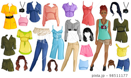 Travel Time Paper Doll with Beautiful Lady, Outfits and Hairstyles. Vector Illustration 98511177