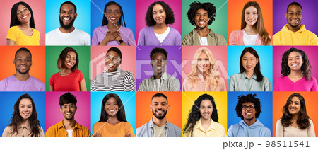 Social Diversity. Portraits Of Diverse Positive Multiethnic People Posing Over Colorful Backgrounds 98511541