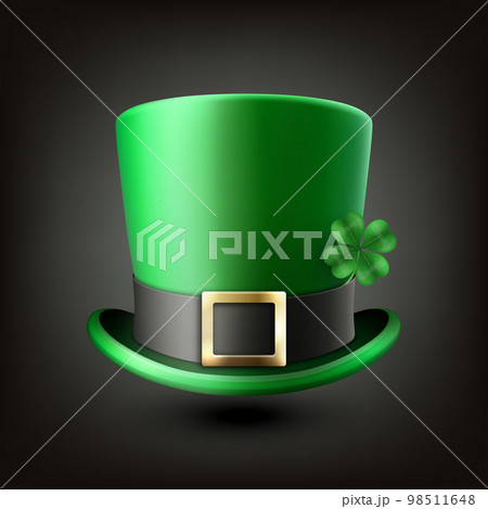 Vector Illustration with 3d Realistic Green Leprechaun Top Hat with Green Clover Shamrock. St. Patrick's Day Concept Design. Classic Retro Vintage Top Hat Isolated on Black Background 98511648