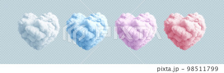 Set of Fluffy Heart Cloud. White, Blue, Pink and Purple Color. Concept Design for Valentines Day Postcard, Banner, Leaflets. Realistic 3d Render. Vector Illustration 98511799