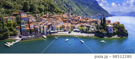 One of the most beautiful lakes of Italy - Lago di Como. aerial panoramic view of beautiful Varenna village 98512280
