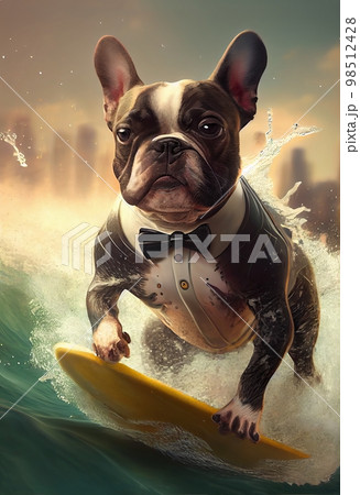 Funny French bulldog, in a dinner suit swims through the waves on a yellow surfboard. 98512428