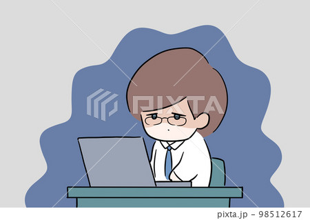 残業が辛い男性のイラスト　眼鏡をかけた男性　　デスクワーク　体調不良　仕事辞めたい 98512617