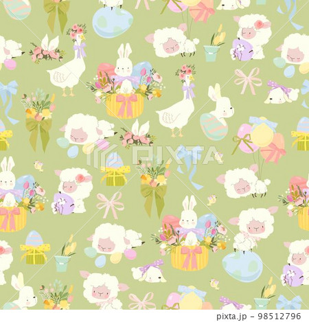 Seamless Pattern with Cute White Bunnies, Gooses, Sheeps and Easter Eggs Seamless Pattern with Cute White Bunnies, Gooses, Sheeps and Easter Eggs 98512796