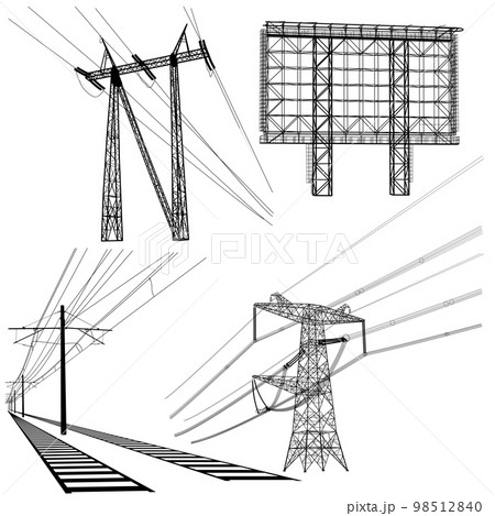 Set silhouette of high voltage power lines on a white background 98512840