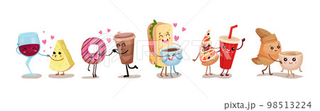Kawaii Food Pairs in Love Holding Hands Feeling Passion Vector Set 98513224