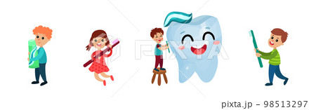 Dental Care with Kids Cleaning Teeth with Brush and Paste Vector Set 98513297
