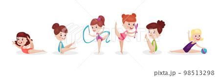 Little Girl Doing Gymnastics Exercises Stretching and with Ribbons Vector Illustration Set 98513298