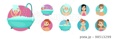 Man and Woman Engaged in Morning Bathroom Procedures and Personal Hygiene Vector Set 98513299