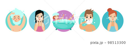 Man and Woman Engaged in Morning Bathroom Procedures and Personal Hygiene Vector Set 98513300