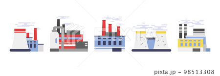 Industrial Plant and Manufacturing with Towers Emitting Smoke Vector Set Industrial Plant and Manufacturing with Towers Emitting Smoke Vector Set 98513308
