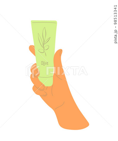 Hand holds cosmetic tube with Olives branch, template, mockup, organic care oil-cream-lotion, packaging. 98513341