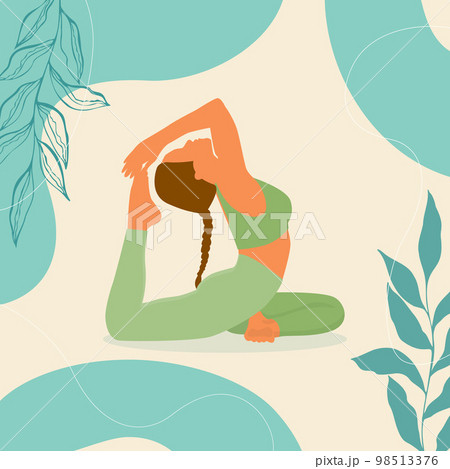 Yoga King Pigeon Pose young woman in Rajakapotasana posture banner with botanical leaves doodle, boho style, pastel colors.  98513376