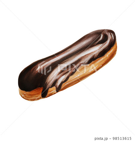Watercolor chocolate eclair. Hand painting sweet on a white isolated background. For designers, menu, shop, bar, bistro, restaurant, for postcards, wrapping paper, covers. For posters and textile 98513615
