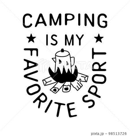 Linear design with kettle on burning bonfire and text on white surface Linear design with kettle on burning bonfire and text on white surface 98513726