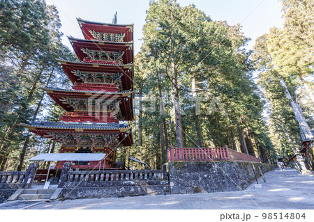 冬晴れの日光東照宮　五重塔　栃木県日光市 98514804