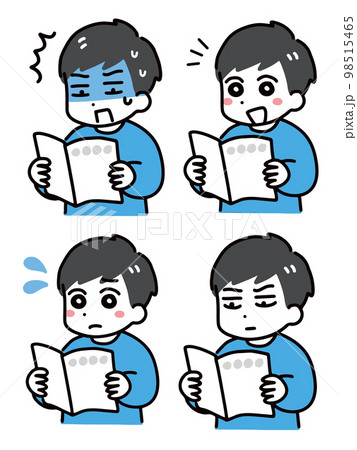 冊子を読む私服の若い男性の表情のセット(上半身) 冊子を読む私服の若い男性の表情のセット(上半身) 98515465