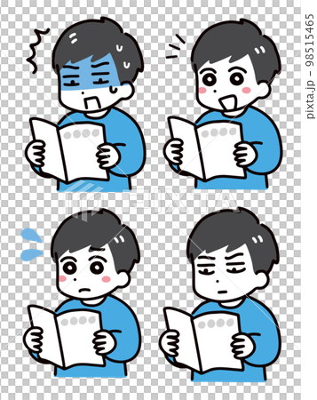 冊子を読む私服の若い男性の表情のセット(上半身) 冊子を読む私服の若い男性の表情のセット(上半身) 98515465