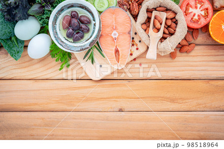 Ketogenic low carbs diet concept. Ingredients for the healthy foods selection  set up on wooden background 98518964