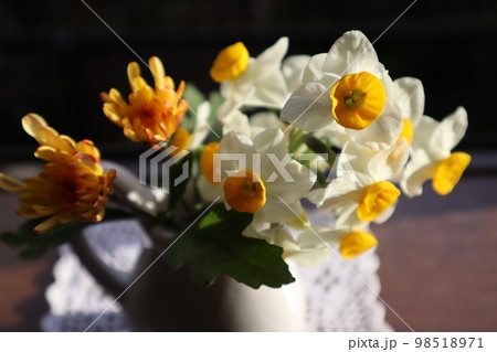 窓辺に庭のスイセンを飾る 98518971