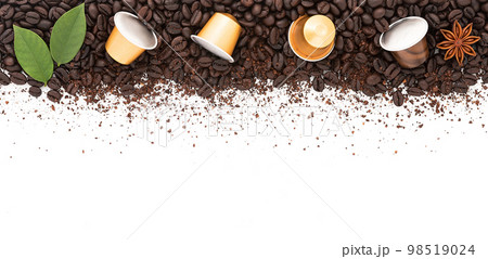 Dark roasted coffee beans setup on white background with copy space. Dark roasted coffee beans setup on white background with copy space. 98519024