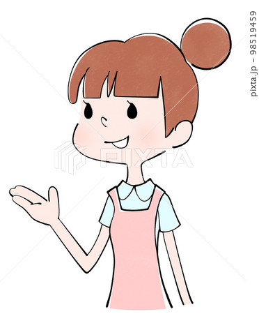 上を見ながらこちらですと案内する介護士（女性）のイラスト 98519459