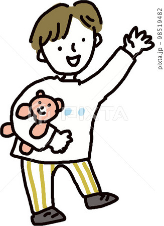 ぬいぐるみを抱えた男の子の手描きイラスト 98519482