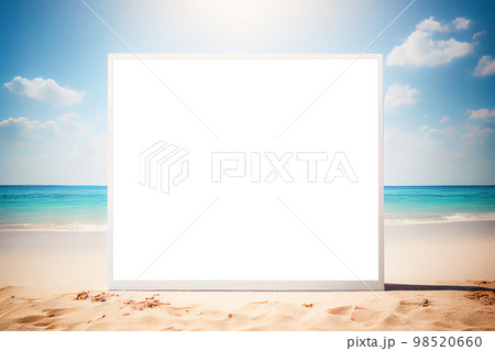 Seascape abstract beach background with copy space and blur bokeh light of calm sea and sky. Focus on sand foreground Seascape abstract beach background with copy space and blur bokeh light of calm sea and sky. Focus on sand foreground 98520660