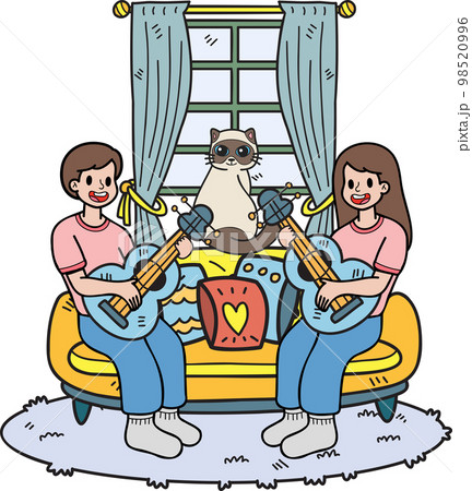 Hand Drawn The owner plays guitar with the cat in the living room illustration in doodle style 98520996