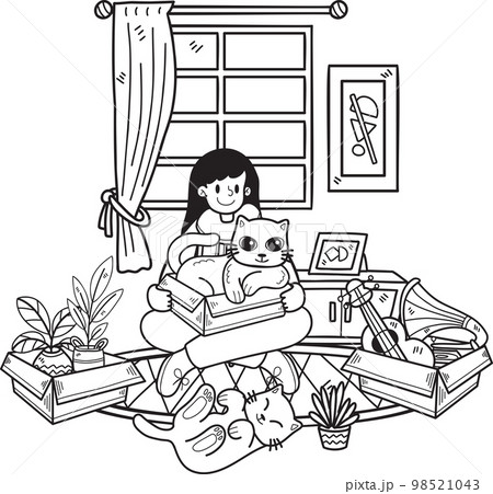 Hand Drawn Owner with cat and gift in the room illustration in doodle style 98521043