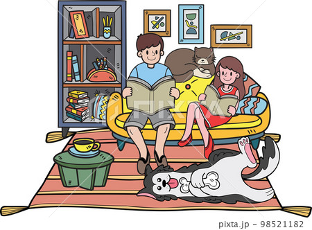 Hand Drawn owner reads a book with the dog and cat in the room illustration in doodle style 98521182