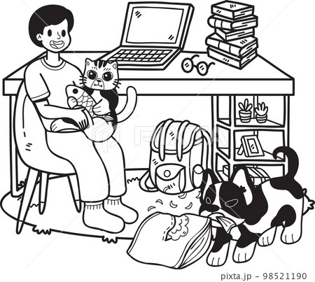 Hand Drawn owner plays with the dogs and cats in the office room illustration in doodle style Hand Drawn owner plays with the dogs and cats in the office room illustration in doodle style 98521190