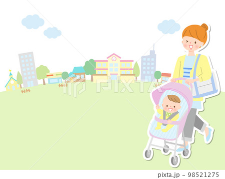 赤ちゃんをベビーカーに乗せて保育園に行くママ 赤ちゃんをベビーカーに乗せて保育園に行くママ 98521275