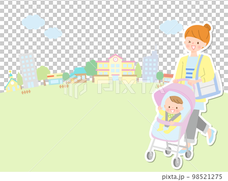 赤ちゃんをベビーカーに乗せて保育園に行くママ 赤ちゃんをベビーカーに乗せて保育園に行くママ 98521275