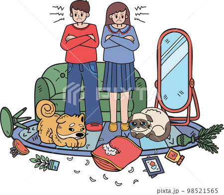 Hand Drawn Owner angry with naughty dogs and cats illustration in doodle style 98521565