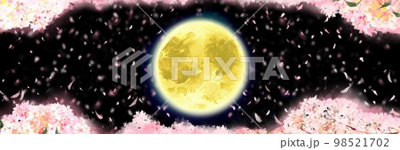 美しい黄金の満月と夜桜満開桜吹雪が神秘的に舞降る日本の風景背景イラスト 美しい黄金の満月と夜桜満開桜吹雪が神秘的に舞降る日本の風景背景イラスト 98521702