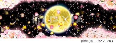 美しい満月と飛び回る黄色い蝶々と夜桜満開桜吹雪が神秘的に舞降る日本の風景背景イラスト 美しい満月と飛び回る黄色い蝶々と夜桜満開桜吹雪が神秘的に舞降る日本の風景背景イラスト 98521703