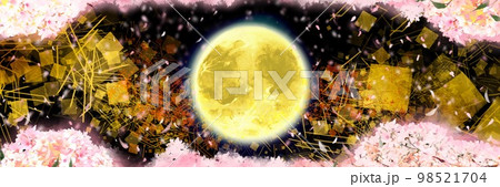 美しい満月と和風金銀砂子金箔と夜桜満開桜吹雪が神秘的に舞降る日本の風景背景イラスト 98521704