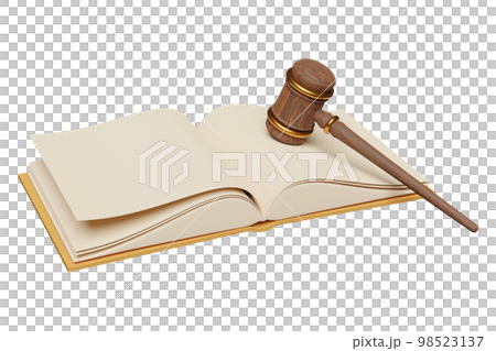 3d wooden judge gavel, hammer auction with open book isolated. law, justice system symbol concept, 3d render illustration 98523137