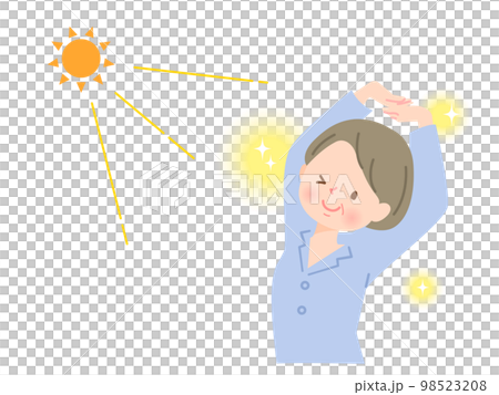 A middle-aged woman who stretches while bathing in the sun 98523208