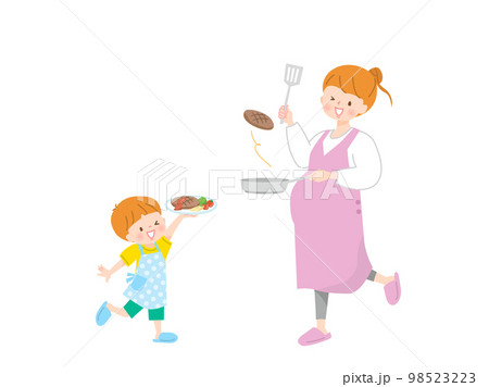 ハンバーグを作る親子のベクターイラスト素材 98523223